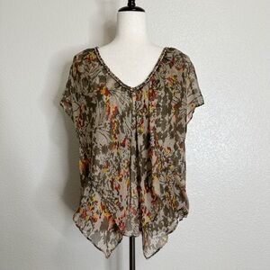 Postella 100% Silk Floral Sheer Braided Neck Blouse Top, Sz Small